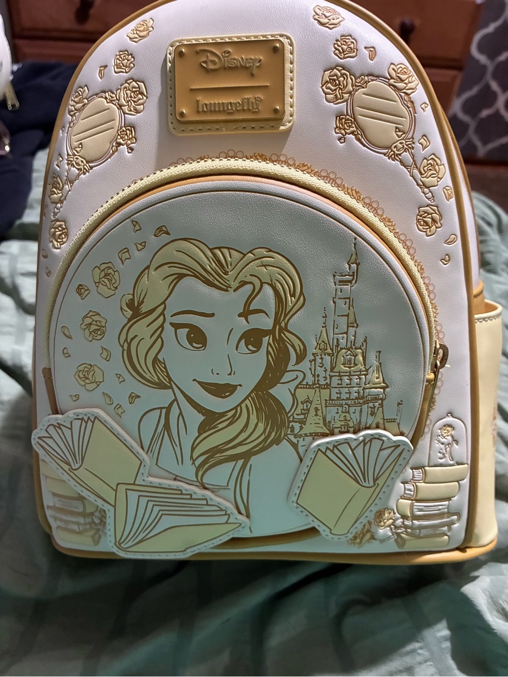 Loungefly Disney Belle Storybook Mini Backpack - Cream & Gold